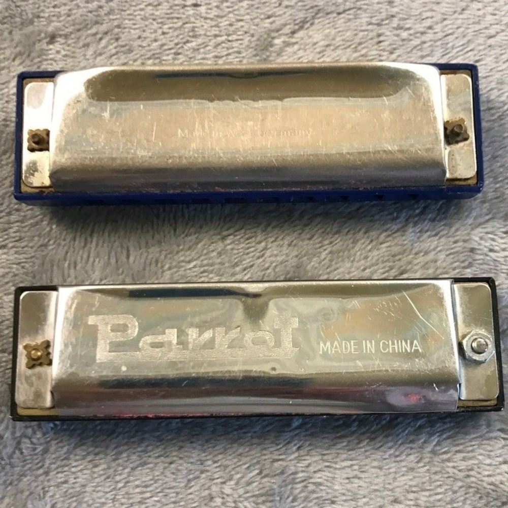 Vintage Koch West Germany & Parrot Key of F 10 Hole Harmonicas Set of 2